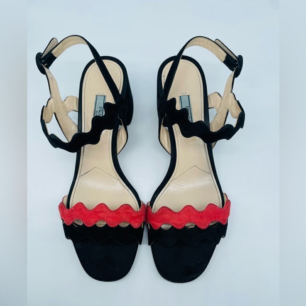 Prada Black Coral Red wavy strap block heel ankle strap open toe sandals EU39 - Picture 2 of 8